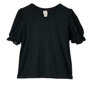 Joie Womens Black Cotton Eyelet Puff Short Sleeve Crew Neck Blouse Top Size M